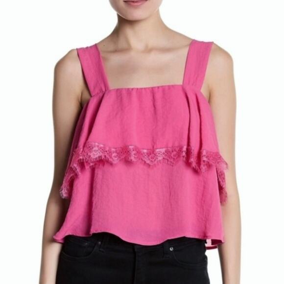 CAD lace detail popover ruffle cropped tank top blouse in raspberry pink S NEW - Picture 7 of 7